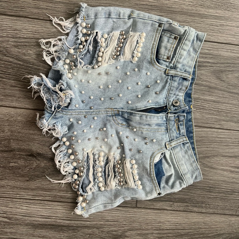 Distressed Denim Shorts with Pearl Accents